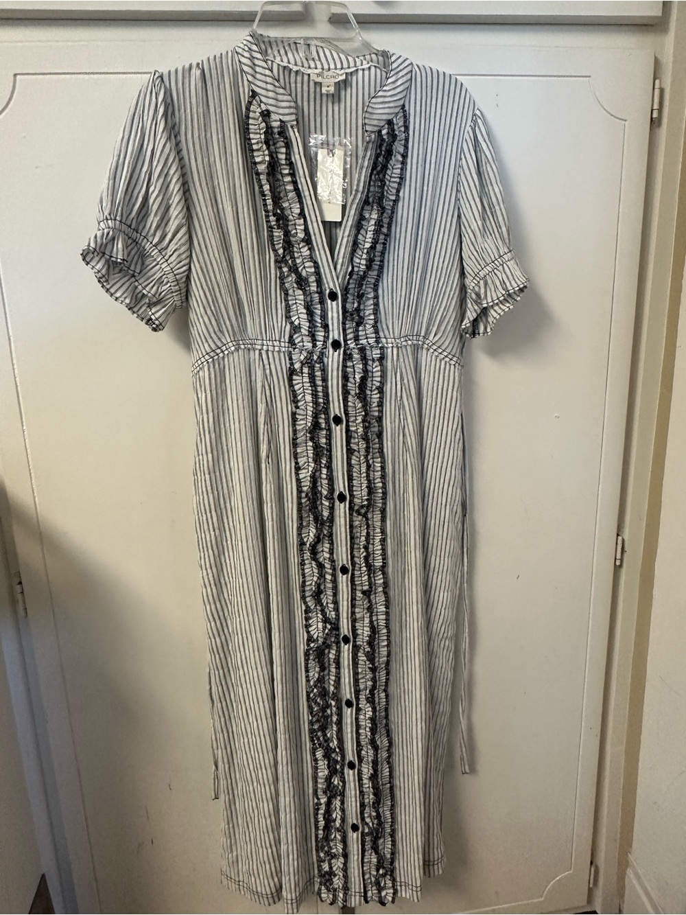 Anthropologie Black & White Striped Ruffle Button-Front Dress